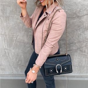 women blush pink moto zip blazer jacket long sleeve motorcycle